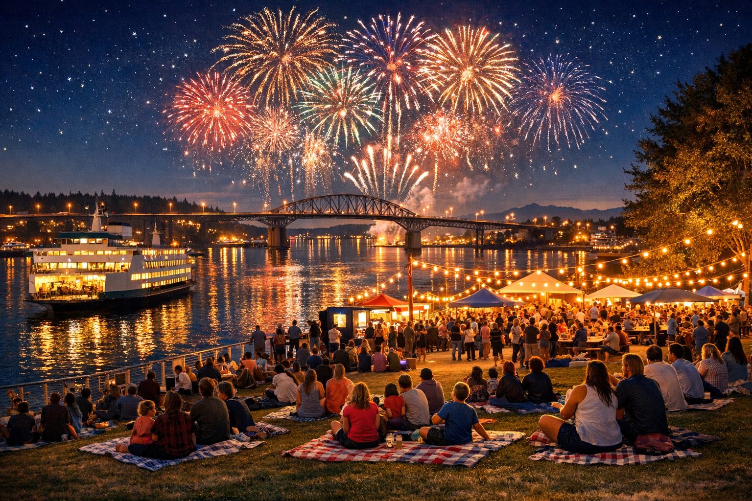 Fireworks over the Manette Bridge with crowds on the Bremerton Boardwalk