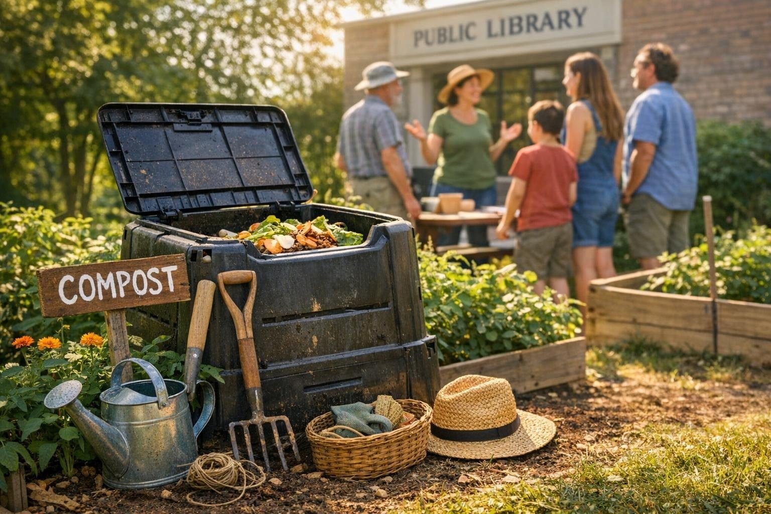 Attendees at a composting workshop using a compost bin and garden tools outside the library.
