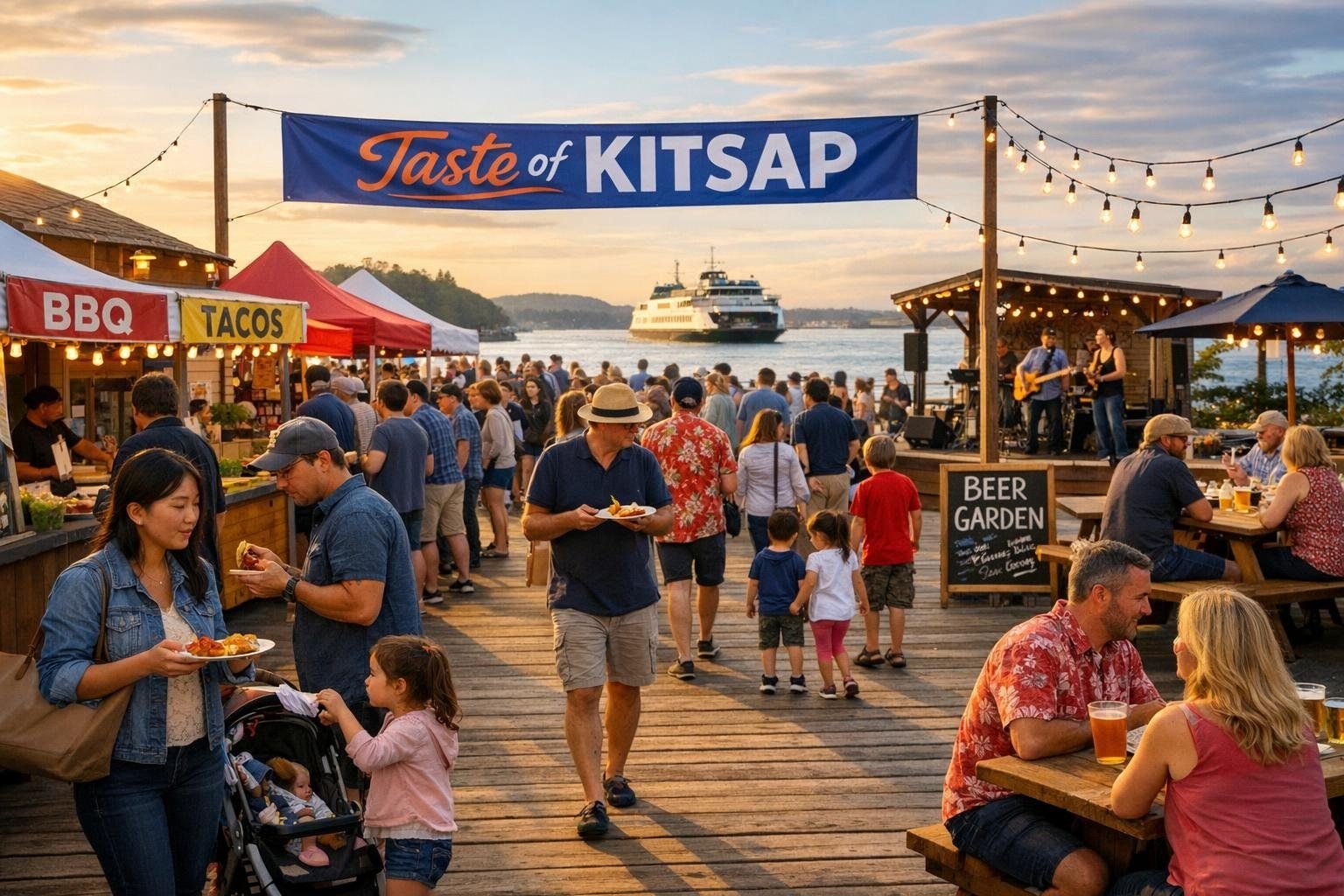 Crowd enjoying food booths on the Bremerton Boardwalk with a ferry visible in the distance at sunset.